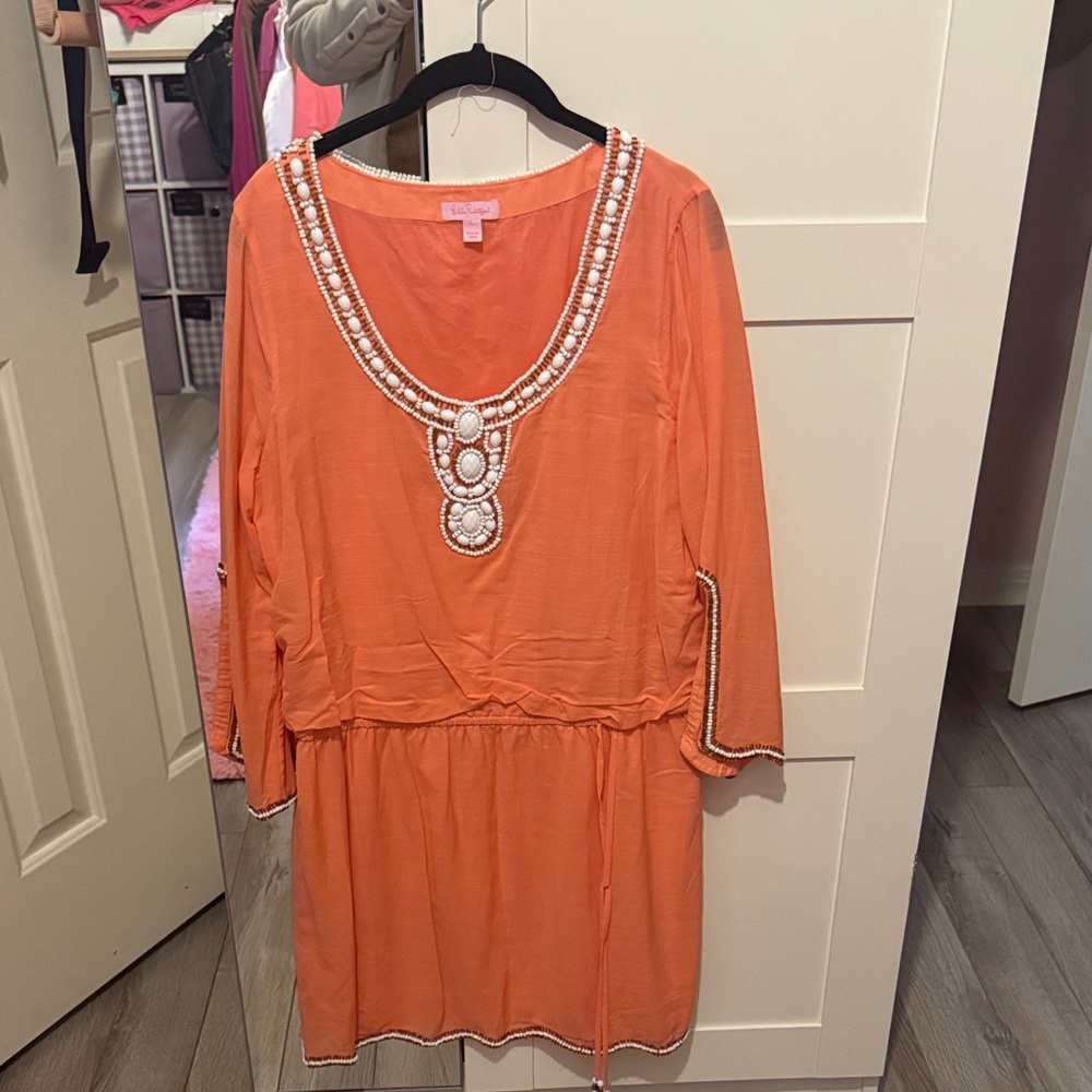 Women’s Orange Beaded V-Neck Dress